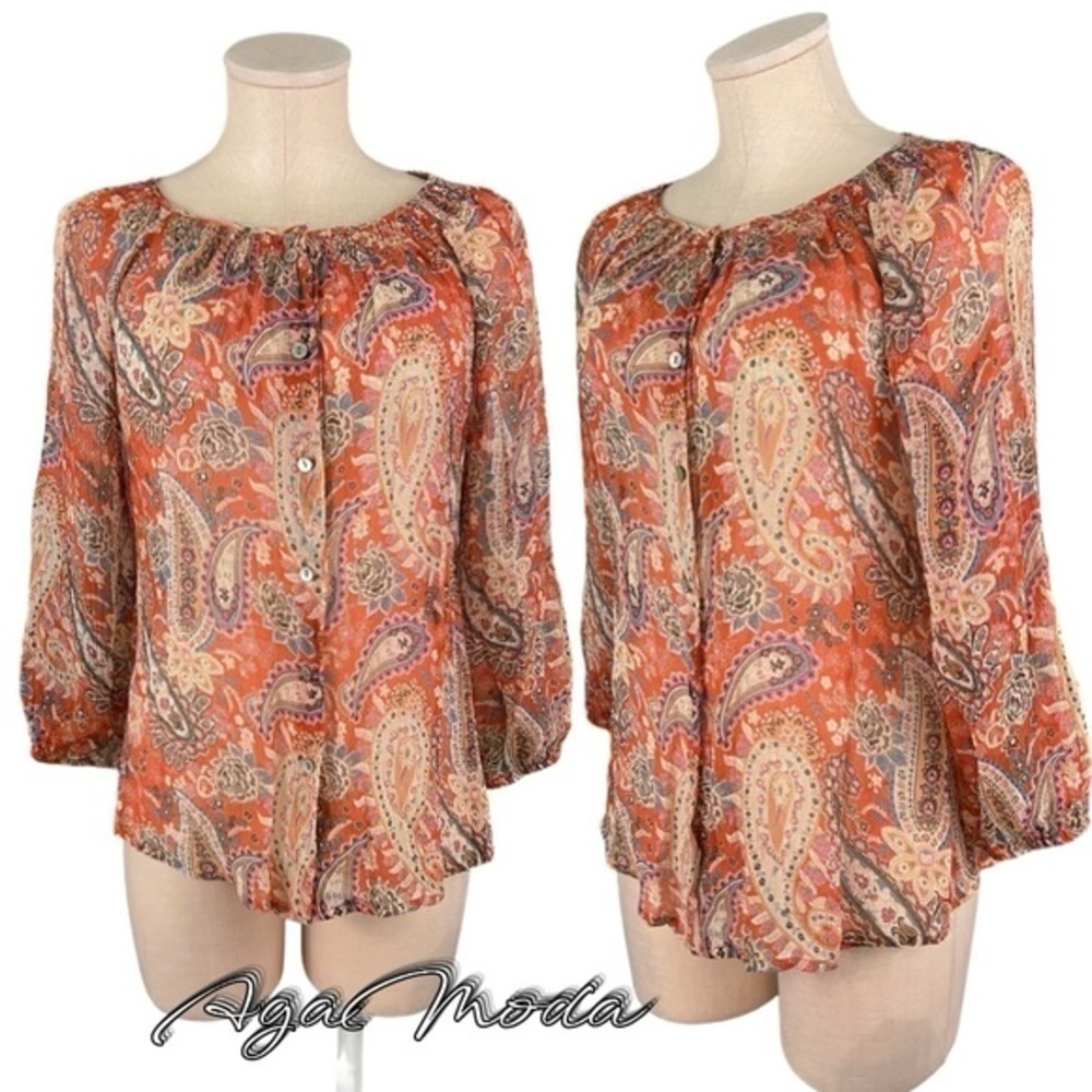 Sundance Silk Semi See Trough Silk Paisley Button Up Blouse